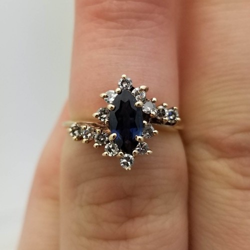 Vintage 10K Sapphire Diamond Halo Bypass Ring-Earth Mined-0.5C Sapphire Marquise - Picture 4 of 9
