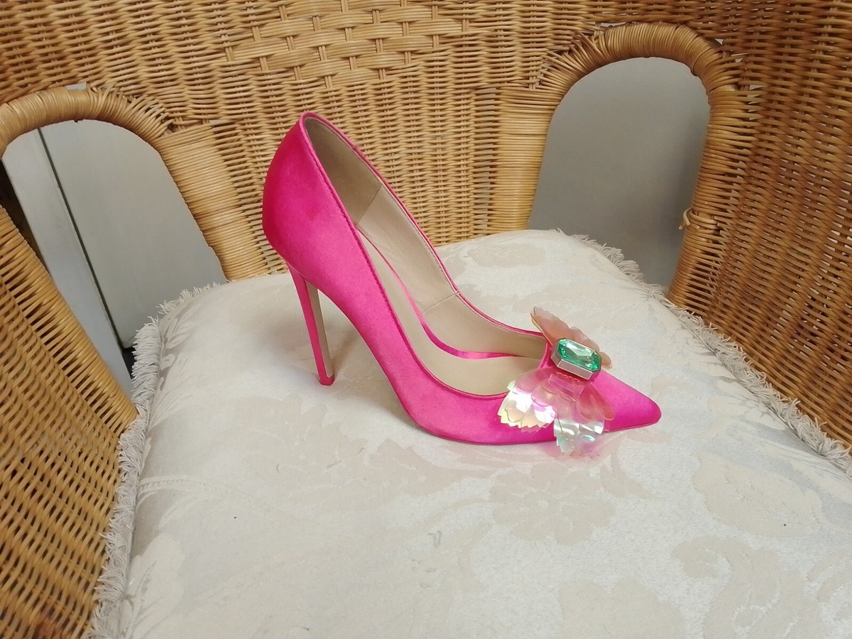 ASOS HOT PINK STILETTO HEEL POINTED TOE COURT SHOES BOW/JEWEL SIZE