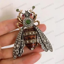 Large Statement Crystal Bee Vintage Art Deco Brooch Pin Silver Insect Jewellery
