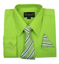 Boys Lime Green Dress Shirt V2000 with Matching Tie  Hankie Long Sleeve 4 to 20