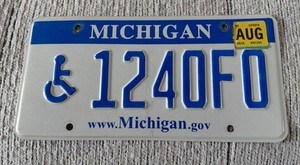 Michigan License Plate Handicapped # 1240F0 Blue and White 2010's