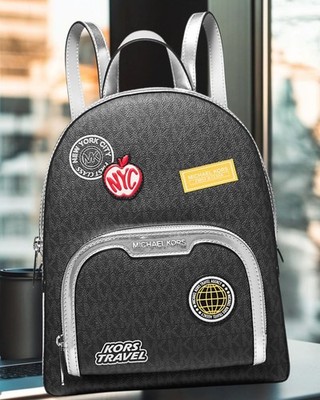 Michael Kors Black Leather Star-Perforated Backpack with Silver Logo Cooper Medium Metallic Logo Debossed Backpack in SILVER  main image 3