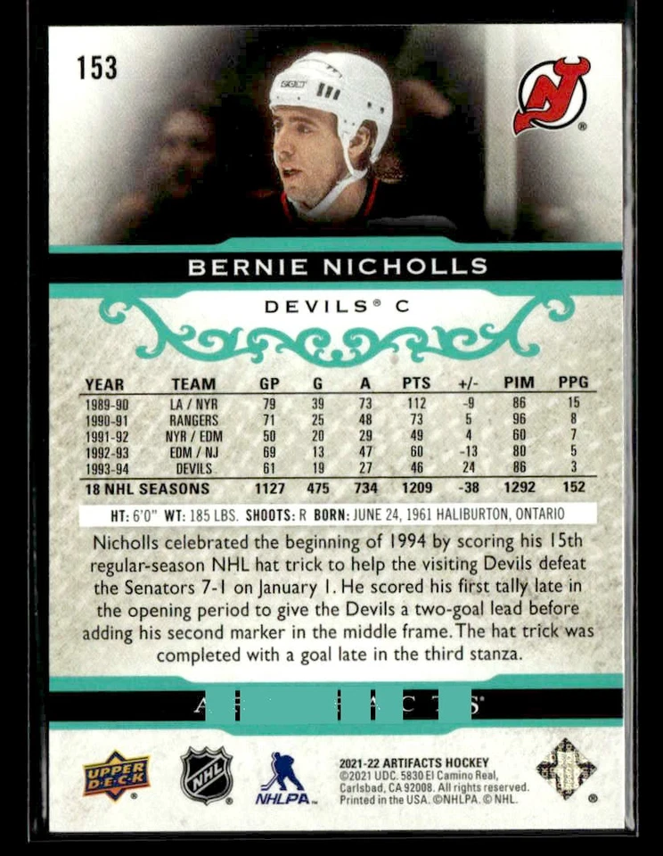 2021-22 Upper Deck Artifacts - Turquoise - #153 Bernie Nicholls - Image 2 of 2
