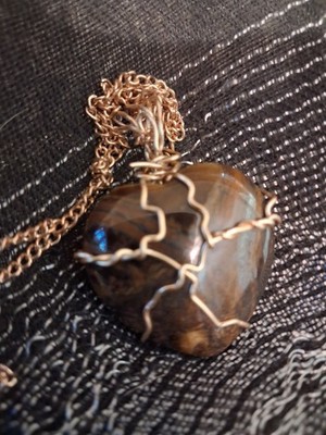 Handcrafted Gold Tone Wire Wrapped Irregular Brown Stone Charm Cable Necklace