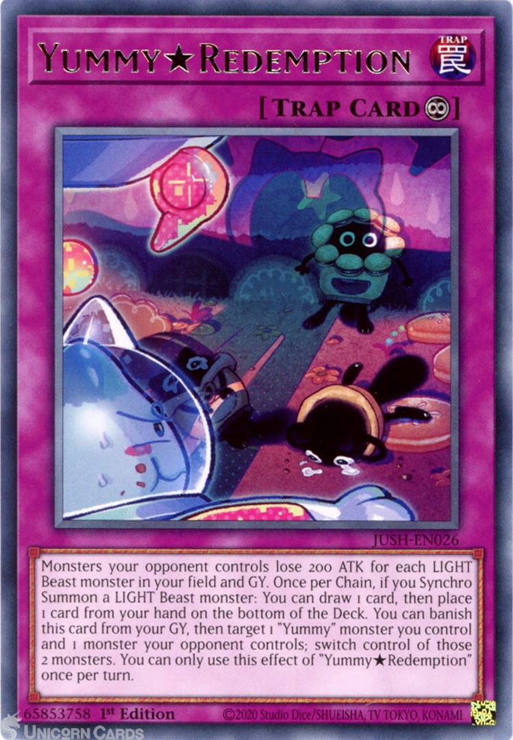 JUSH-EN026 Yummy Redemption : Rare 1st Edition Mint YuGiOh Card