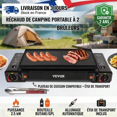 Rechaud Gaz Camping 2 Bruleurs 2 Feux 2.5kW Allumage Piezo Mallette Pique Nique - Photo 1/4
