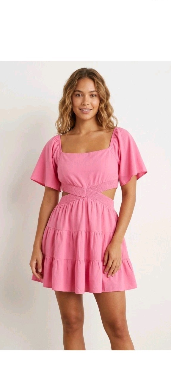 Shy Velvet Pink Cut Out Tiered Mini Dress XL Puff Sleeve Square Neck