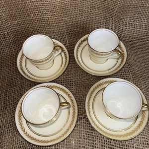 VINTAGE AYNSLEY ENGLAND BONE CHINA TEAL GOLD FLORAL TEACUP & SAUCER SET OF 4 G2