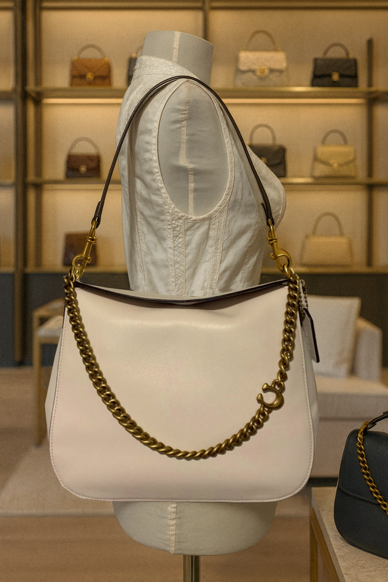 NEW Coach Signature Chain Chalk White Smooth Leather Hobo/Shoulder