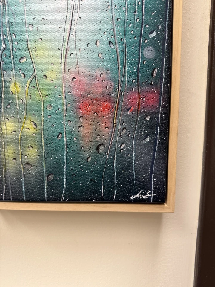 Original Acrylic Painting 9x12 Frame City Bokeh Art in Natural Wood Frame Decor - Image 4 of 4