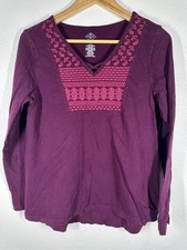 St. John's Bay Shirt Womens Medium Purple Embroidered V Neck Long Sleeve Top