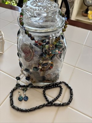 Mystery Jewelry In Antique Candy Jar, Costume Jewelry, Hematite & Millefiori