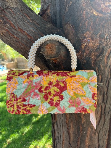 NWT Sincerely Jules Beaded Floral Clutch Mint Green Evening Bag Pearl Handle