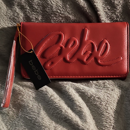 bebe Women's Red Logo Fold Wallet with Zipper, Credit Card Slots