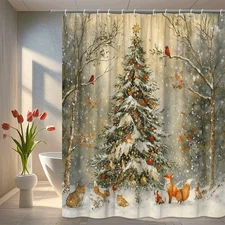 Winter Wonderland Christmas Shower Curtain with Fox and Tree