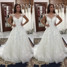 Elegant Wedding Dresses Scoop Neck Lace Appliques A Line Sweep Train Bridal Gown