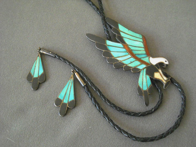 STAN TIMS Southwestern Turquoise MultiStone Eagle Inlay Sterl Silver Bolo Tie 4''