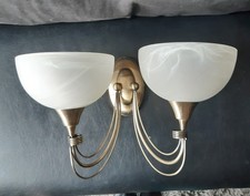 Vintage  Brass Double Arm Wall Light With Marbled Glass Shades 
