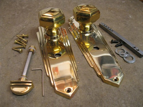 Pr of 1930`s Art Deco Repro Bathroom Thumb Turn Brass Hexagonal Door Knobs PBUL - Picture 3 of 5