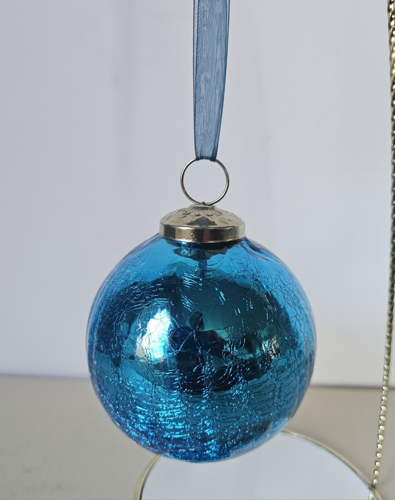 Vintage Teal Crackle Glass Ball Kugel Christmas Ornament 3 Inch-image