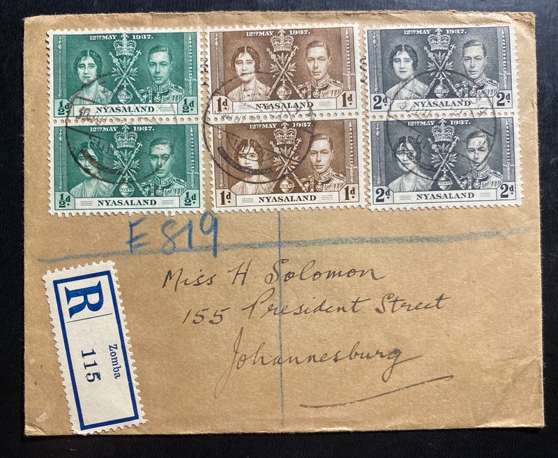 1937 Zomba Nyasaland Registered Cover To Johannesburg South Africa