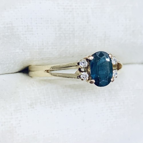 14k Yellow Gold Oval Cut Blue Sapphire & Diamond Split Shank Wedding Ring Size 7 - Picture 2 of 9
