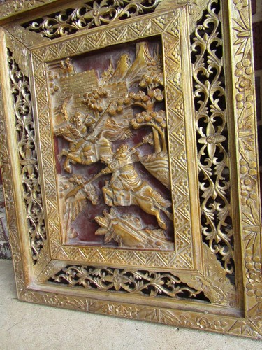 Pair ofAntique Chinese Gold Gilt War-Field Wood Carving Panels - Picture 4 of 15