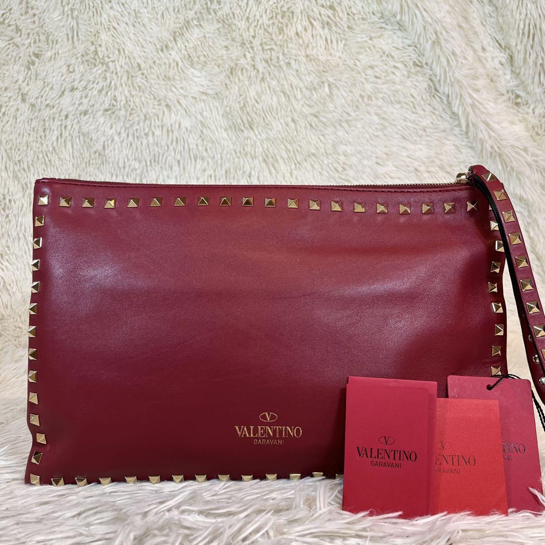 Auth Valentino Garavani Red Leather Clutch Bag Pouch Studded From 