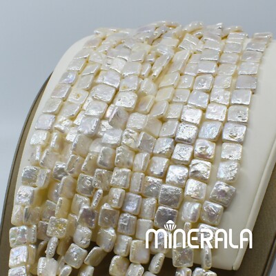 NATURAL FRESHWATER WHITE PEARL SQUARE BIWA 9mm BEADS 15'' FULL STRAND WP027DA