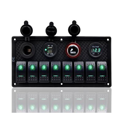 FXC 12V 24V Green LED ON/Off Marine Multi Function Switch Panel Waterproof 8 ...