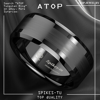 8/6mm ATOP Brushed Center Black Tungsten Carbide Ring Wedding Band Mens Jewelry