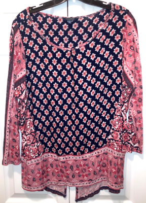 #ad Lucky Brand Woman#x27;s Black amp; Pink Floral Tunic Blouse Top Size L Lk Nw $19.56