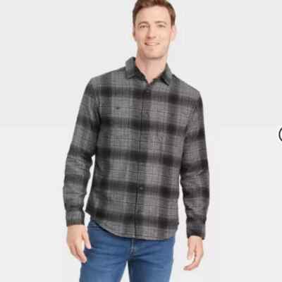 Goodfellow Long Sleeve Button Down Shirt Men Gray Plaid S Mid Weight Flannel