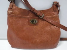GA14 American Leather Co Brown Tooled Embossed Leather Turnlock Crossbody Bag
