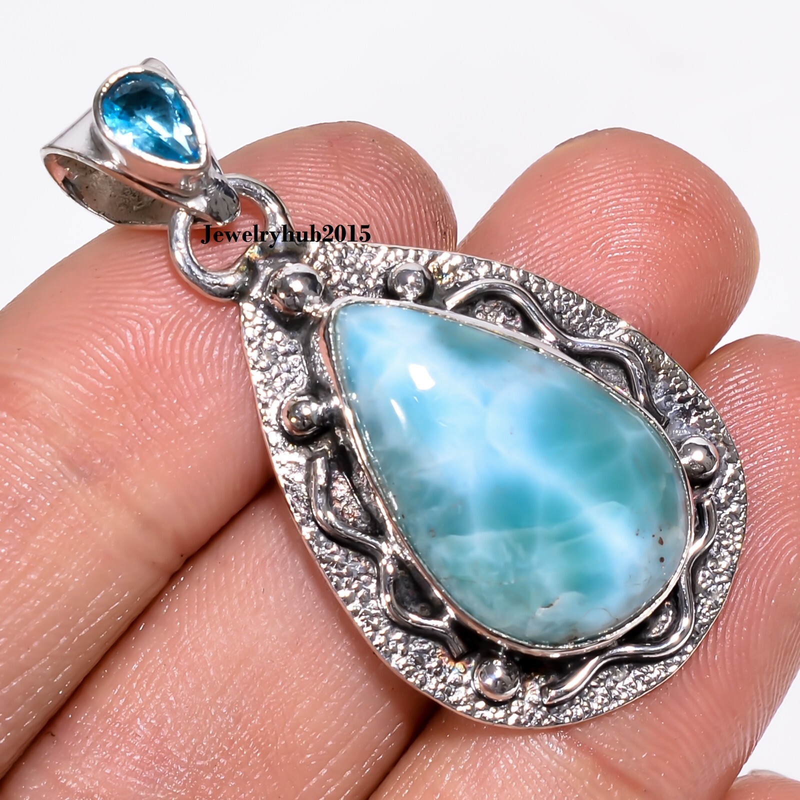 Halskette Mit Larimar (10mm) Und Topas Pflasterstein In 925 Sterlingsilber - 18 Zoll (45 Cm) Länge Halskette Mit Larimar (10mm) Und Topas Pflasterstein In 925 Sterlingsilber - 18 Zoll (45 Cm) Länge