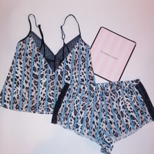Victoria Secret Pajama Set Shorts  Camisole Tank Top Sleepwear Leopard Black