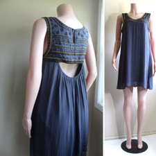 M Mini Shift Dress Boho Sleeveless Beaded Charcoal Gray Rayon Patrons of Peace