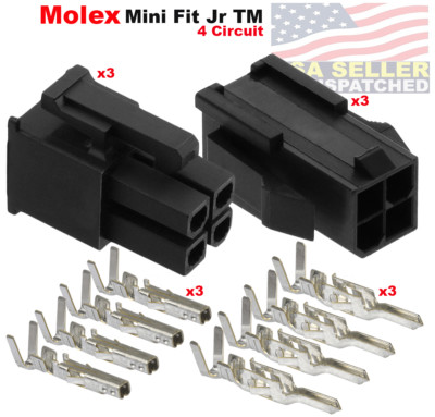 Molex 4 Pin Black Connector 4.20mm, w/18-20-22-24 AWG Pin Mini-Fit Jr   (3-Set)