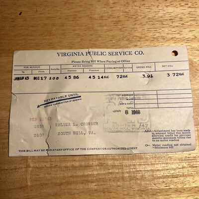 1943 Virginia Public Service Co South Hill Virginia Bill Meter Reading Fuse Dog