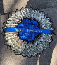 Handmade Money Bouquet with Blue Roses Feliz Cumplea os Ribbon