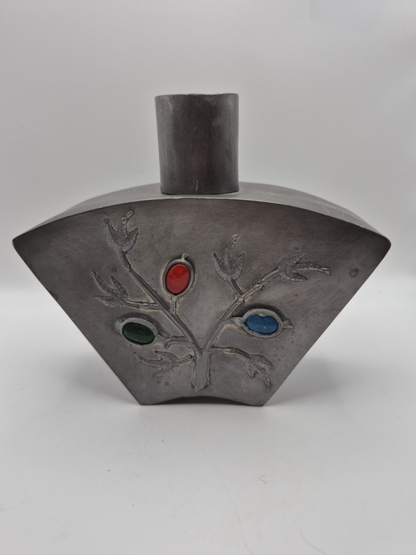 Vintage Tree Asian Motif  Cabachon Pewter Metal Tea Caddy 