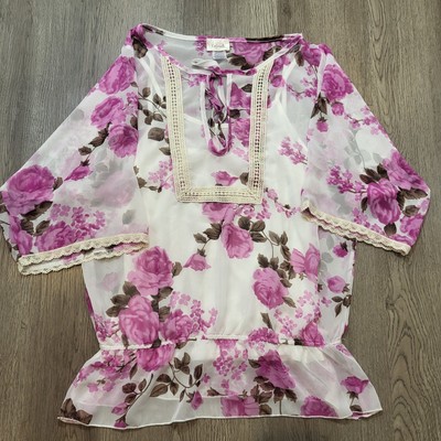 Lavish Women's Floral Blouse w/Tie Neck & Lace Detail, Cottage core Sze. Large
