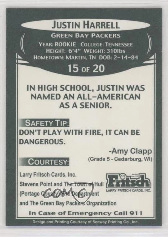 2007 Green Bay Packers Police Justin Harrell #15 Rookie RC - Image 2 of 2