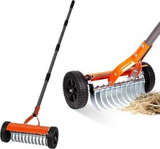 Manual Lawn Dethatcher Rake with Wheels, Adjustable Handle