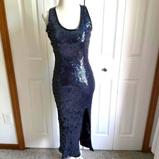 Vintage 90s blue iridescent beaded sequin 100 silk maxi dress size S