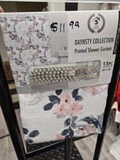 New 13PC Floral Fabric Blue Color Shower Curtain Metal Hooks Washable Printed