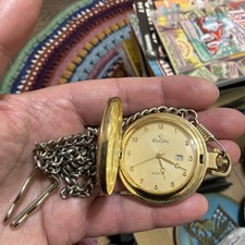 VTG Elgin Quartz Gold Tone Pocket Watch With Chain Keeps Good Time