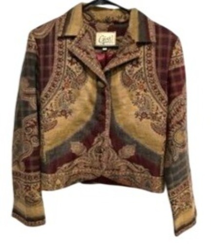 Gist Medium Vintage Paisley Patchwork Button Up Collared Jacket Boho Chic
