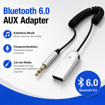 Bluetooth 6.0 AUX Adapter Auto 3,5 mm Klinke USB Receiver Silber