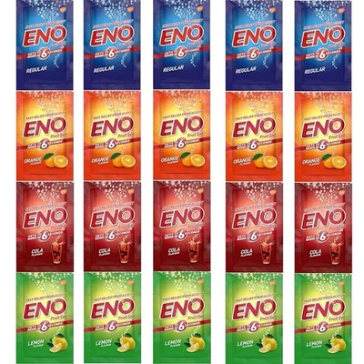 30 Eno Fruit Salt Antacid- 5g Variety Pack Regularx10 Lemon x 10 Orangex5 Colax5